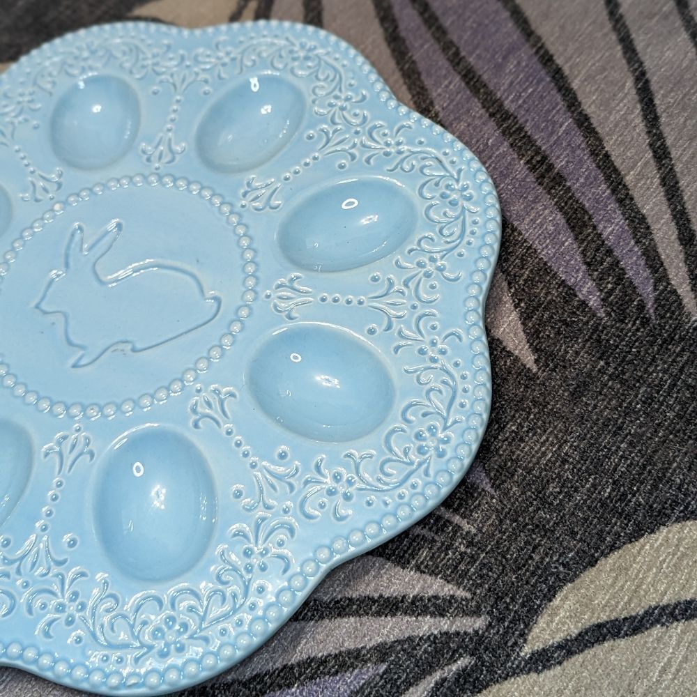 Ceramic Easter Bunny Deviled Egg Plate Blue 8 section